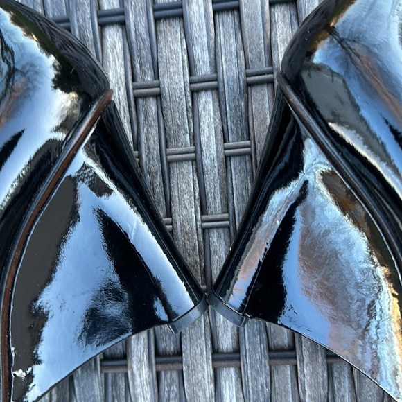 Stuart WEITZMAN Black Patent Leather Peep Toe Wedges - Picture 8 of 16